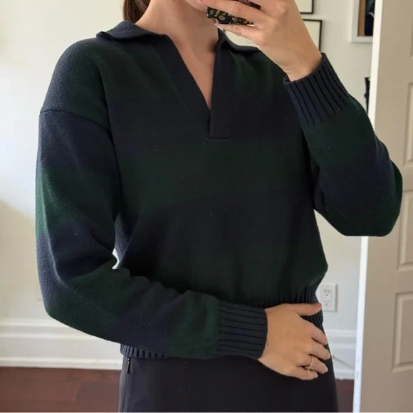 Aritzia Navy and Green Striped Collared V-Neck Sweater - Picture 4 of 4